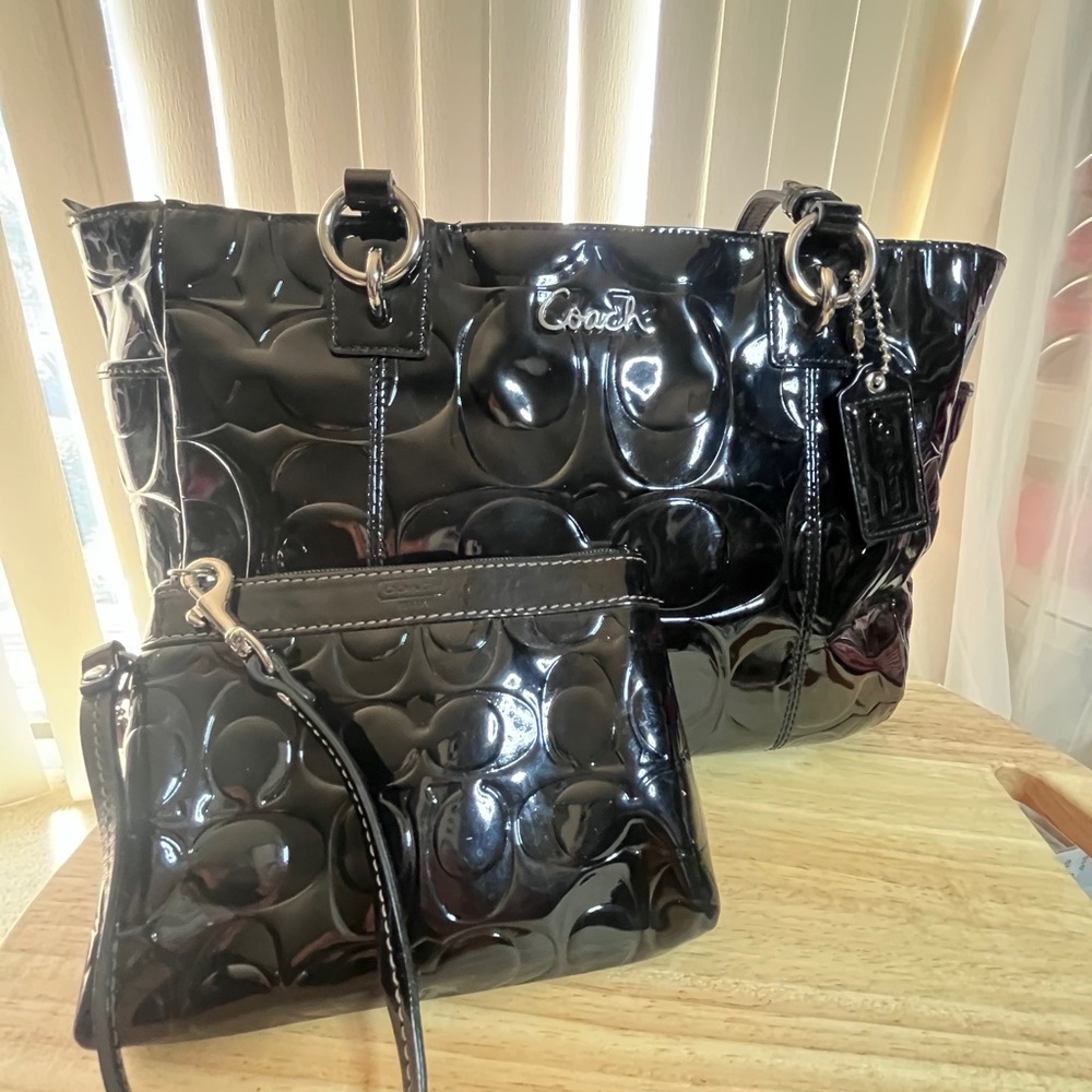 Coach Glossy Black Embossed Tote and Wristlet Set